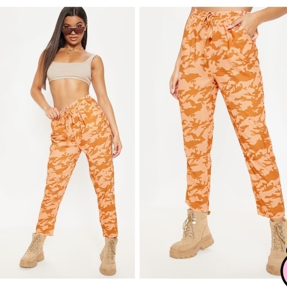 PrettyLittleThing Pants - Burnt Orange Camo Print High Rise Cigarette Pants